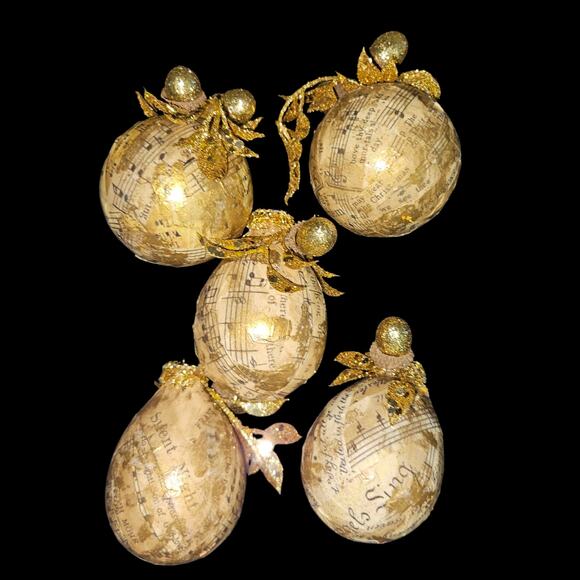 Set of 10 Vintage Style Christmas Ornaments Sheet Music Decoupage Gold Glitter - Picture 5 of 6